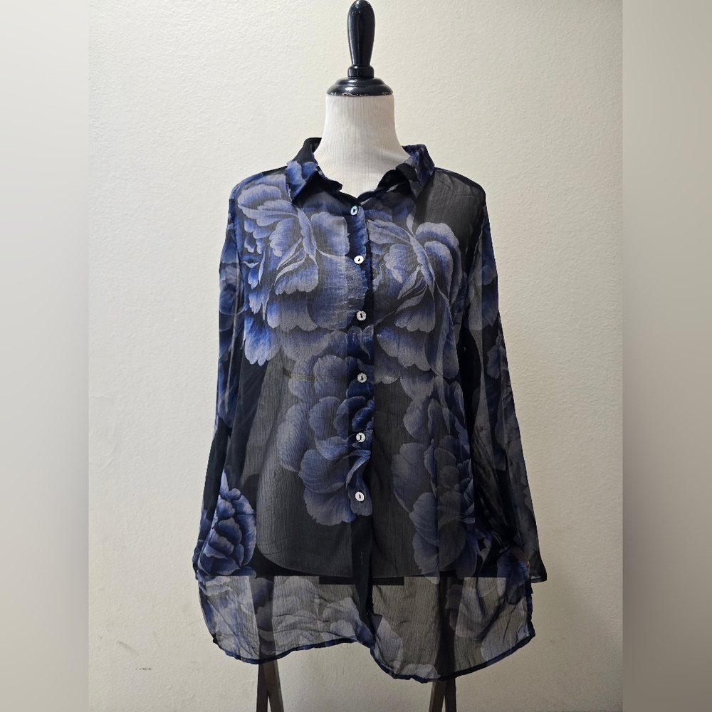 Avenue Sheer Floral Blouse - Black and Blue